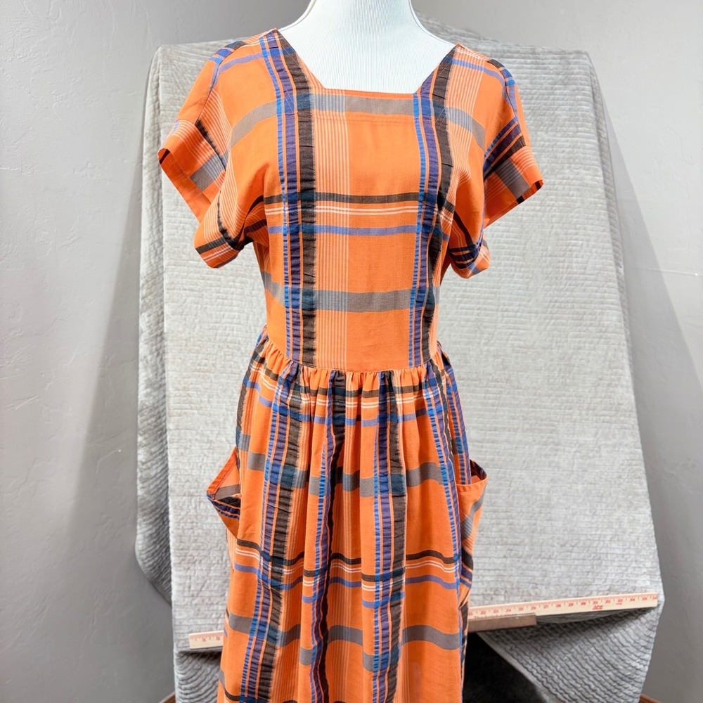 Vintage Next Orange Plaid Cross Back Midi Dress Made in UK Pockets Size 8